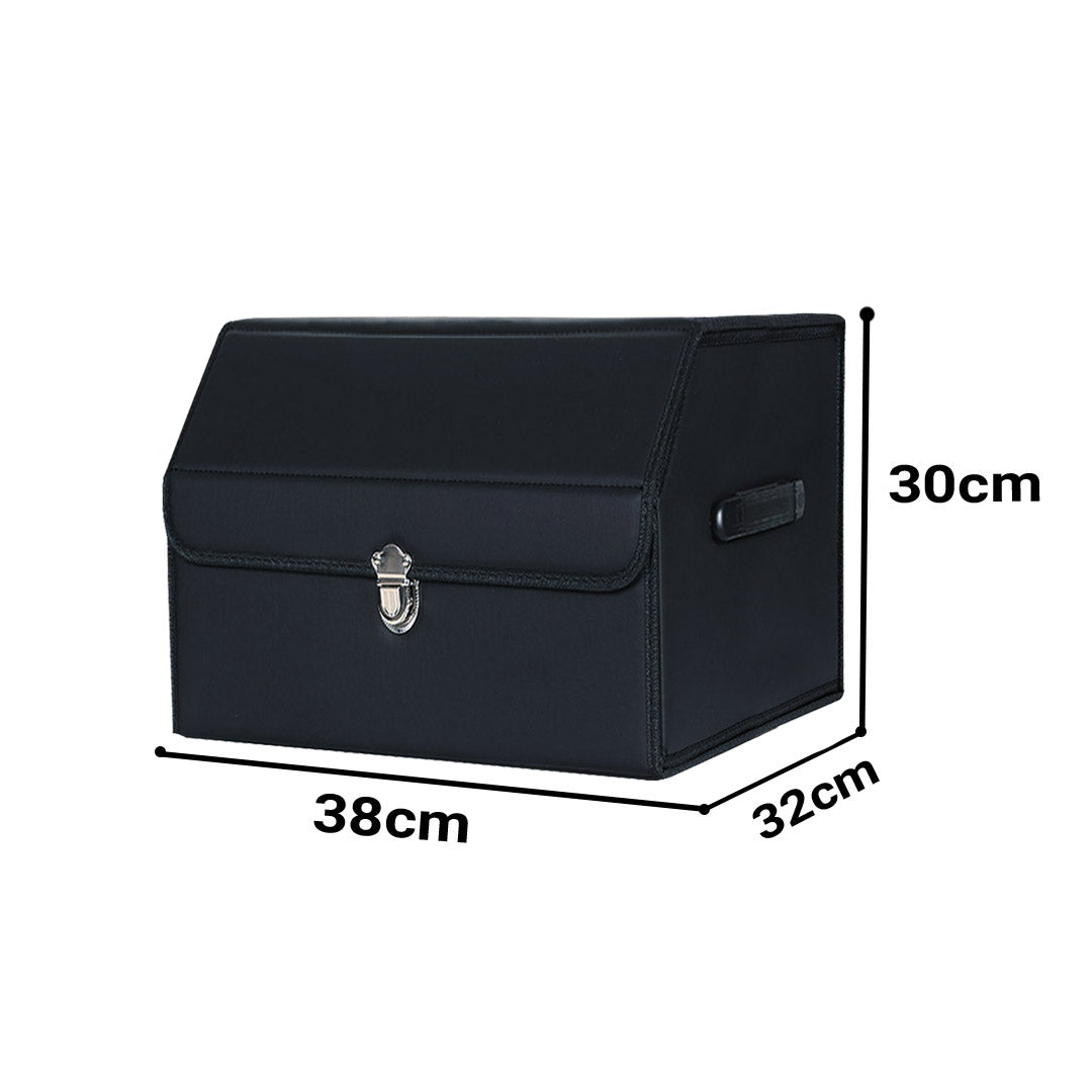 SOGA 2X Leather Car Boot Collapsible Foldable Trunk Cargo Organizer Portable Storage Box With Lock Black Small - Cafe Supply