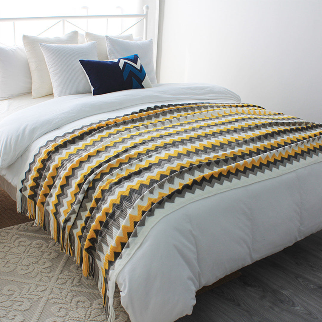 SOGA 220cm Yellow Zigzag Striped Throw Blanket Acrylic Wave Knitted Fringed Woven Cover Couch Bed Sofa Home Decor - Cafe Supply