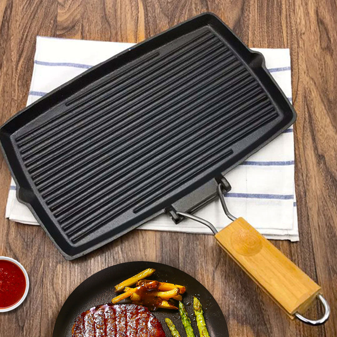 SOGA 2X 20.5cm Rectangular Cast Iron Griddle Grill Frying Pan with Folding Wooden Handle - Cafe Supply