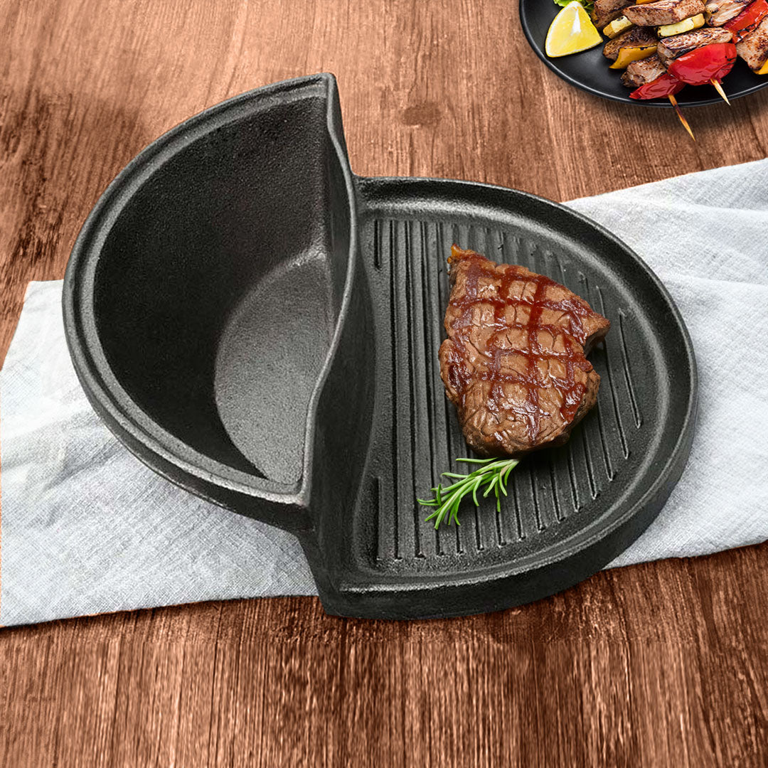 SOGA 2X 2 in 1 Cast Iron Ribbed Fry Pan Skillet Griddle BBQ and Steamboat Hot Pot - Cafe Supply