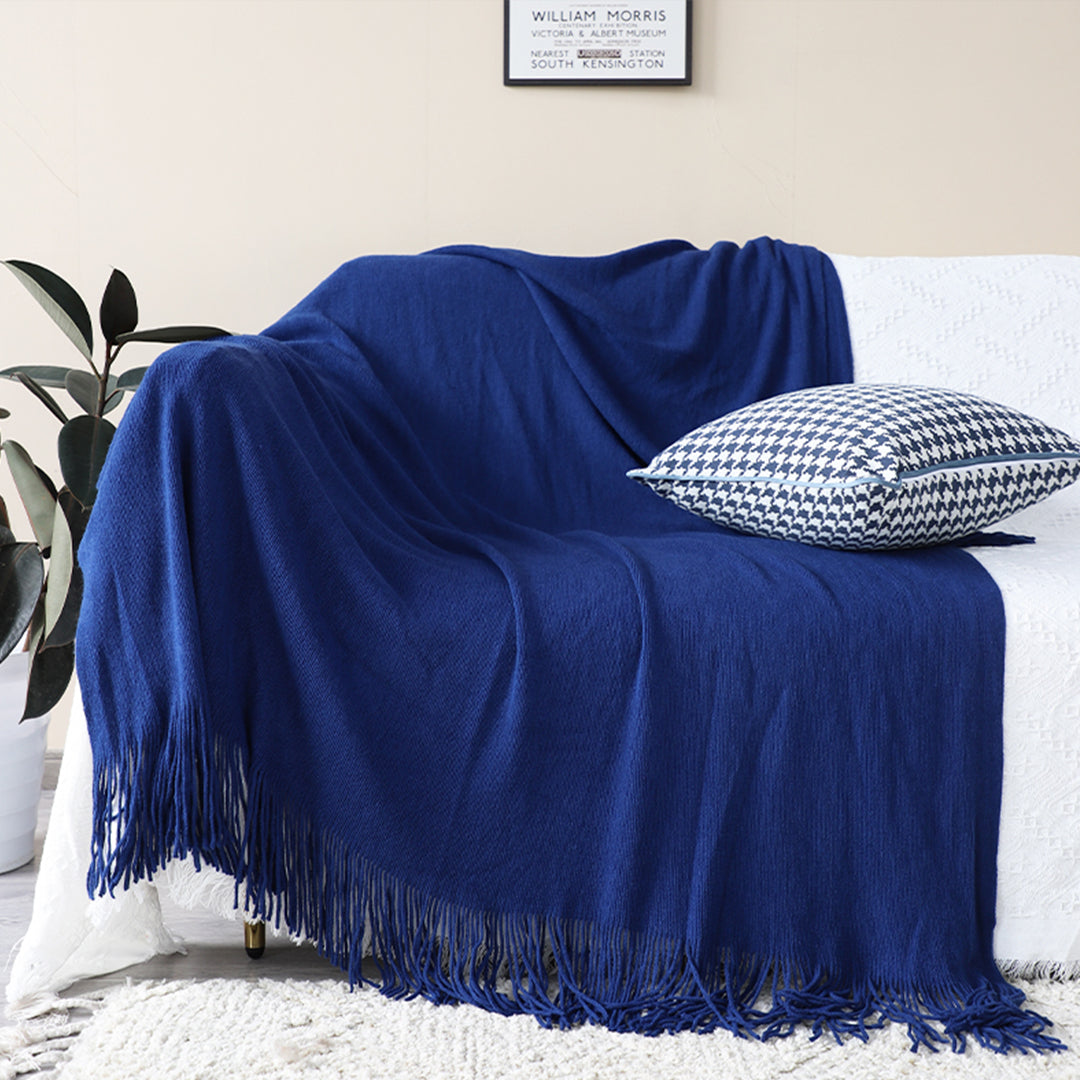 SOGA Royal Blue Acrylic Knitted Throw Blanket Solid Fringed Warm Cozy Woven Cover Couch Bed Sofa Home Decor - Cafe Supply