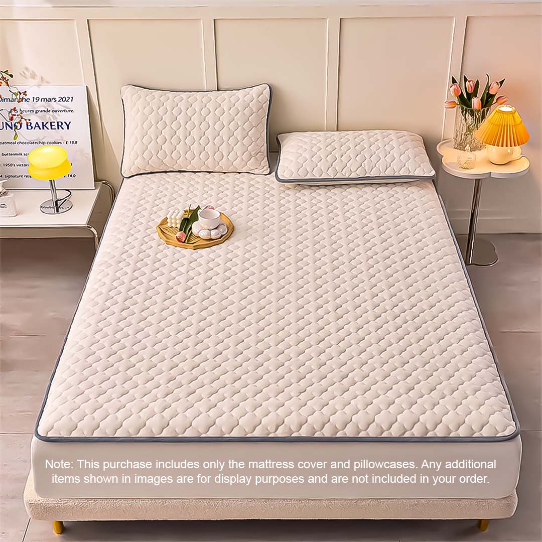 SOGA 2X Beige 183cm Wide Mattress Cover Thick Quilted Fleece Stretchable Clover Design Bed Spread Sheet Protector with Pillow Covers - Cafe Supply