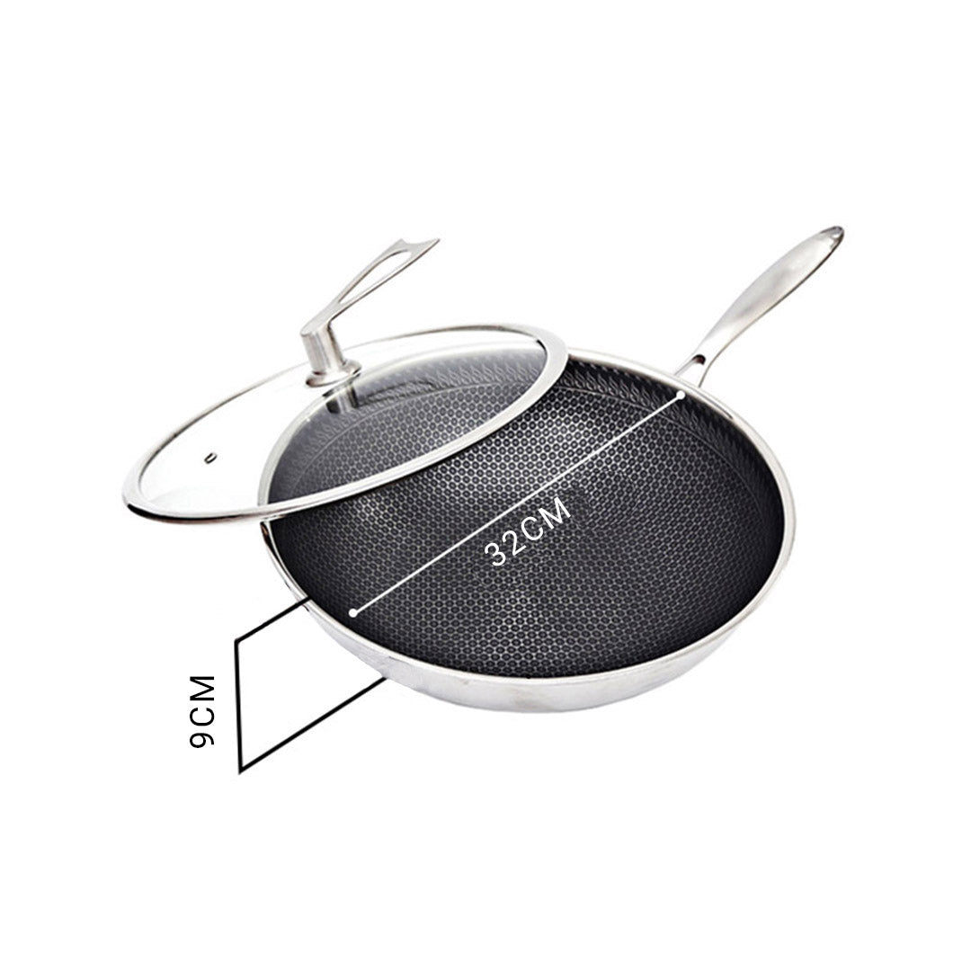 SOGA 2X 32cm Stainless Steel Tri-Ply Frying Cooking Fry Pan Textured Non Stick Interior Skillet with Glass Lid - Cafe Supply