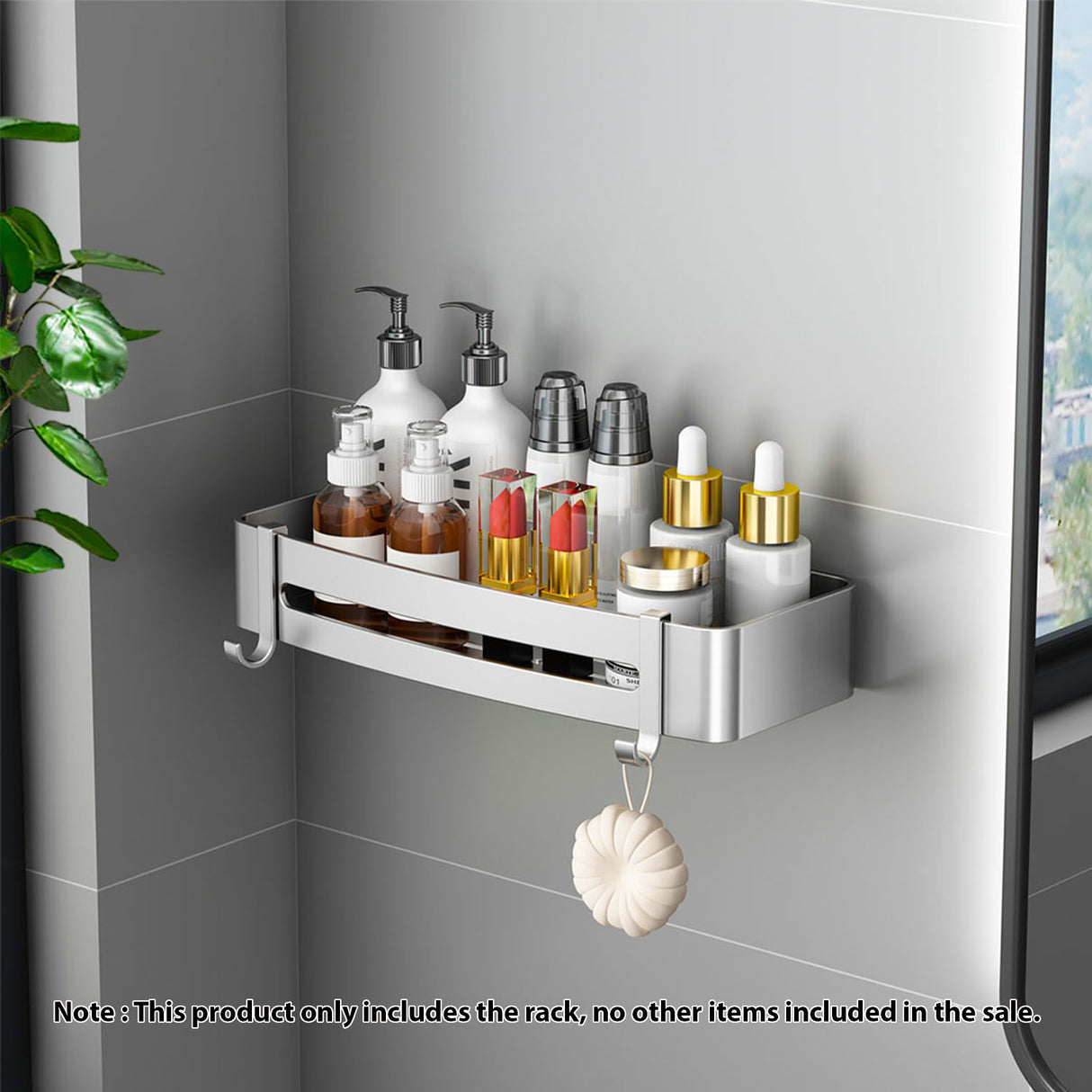 SOGA Silver Wall-Mounted Rectangular Bathroom Storage Organiser Space Saving Adhesive Shelf Rack with Hooks - Cafe Supply