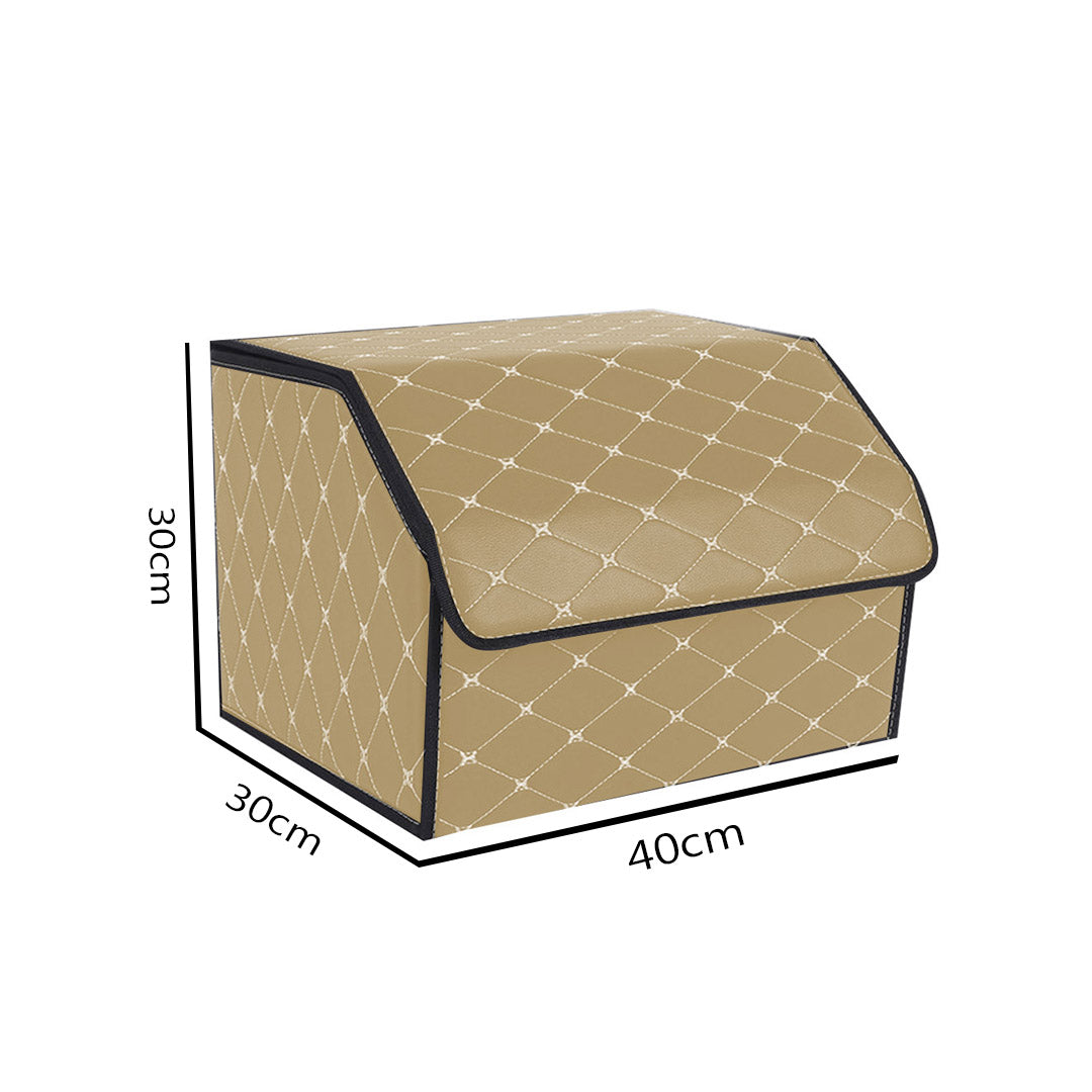 SOGA 2X Leather Car Boot Collapsible Foldable Trunk Cargo Organizer Portable Storage Box Beige/Gold Stitch Medium - Cafe Supply