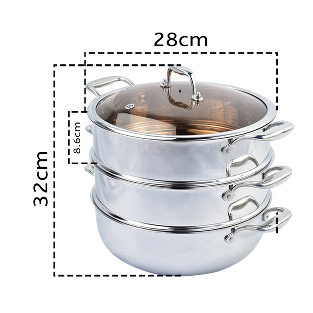 SOGA 2X 3 Tier 28cm Heavy Duty Stainless Steel Food Steamer Vegetable Pot Stackable Pan Insert with Glass Lid - Cafe Supply