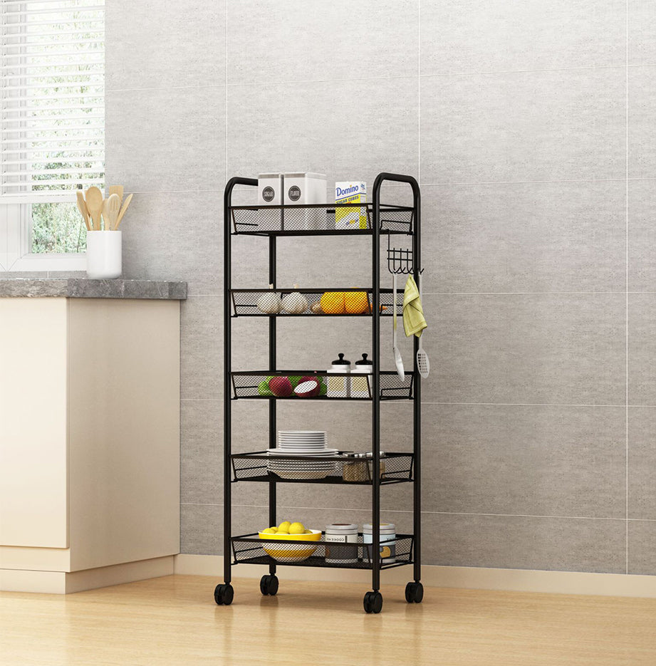 SOGA 2X 5 Tier Steel Black Bee Mesh Kitchen Cart Multi-Functional Shelves Portable Storage Organizer with Wheels - Cafe Supply