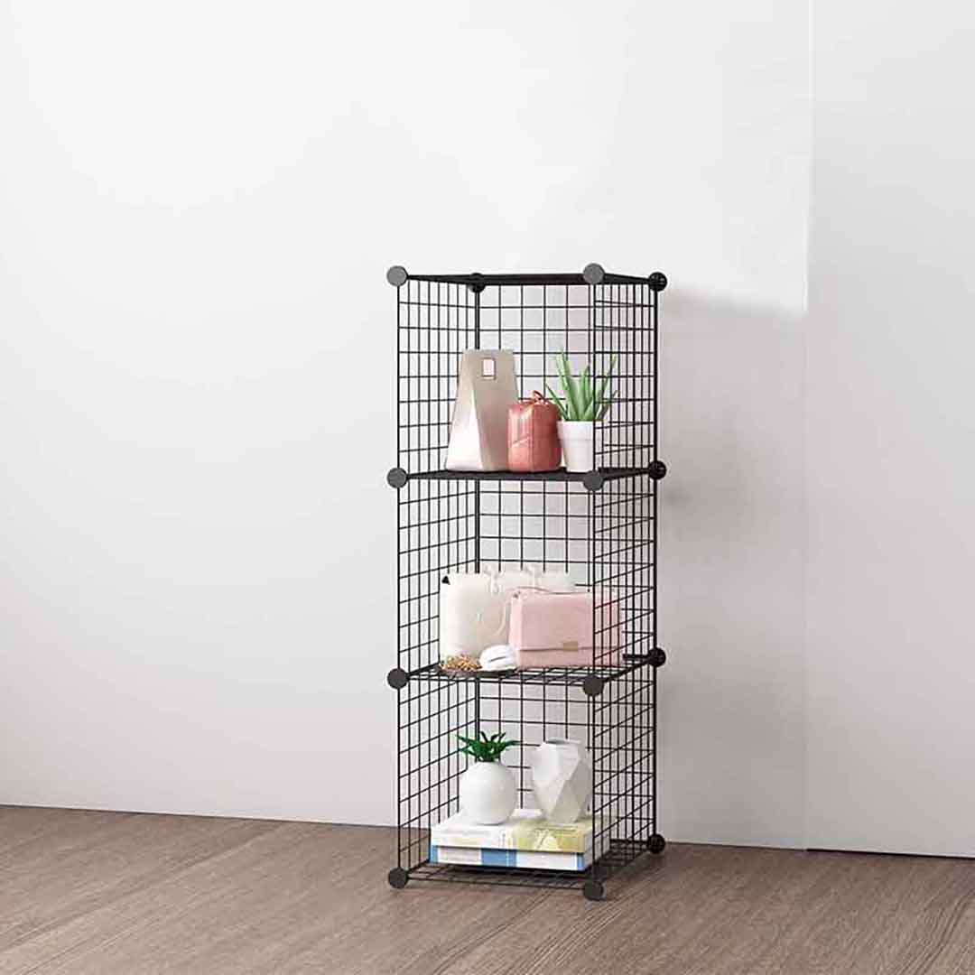 SOGA Black Portable 3 Tier Cube Storage Organiser Foldable DIY Modular Grid Space Saving Shelf - Cafe Supply