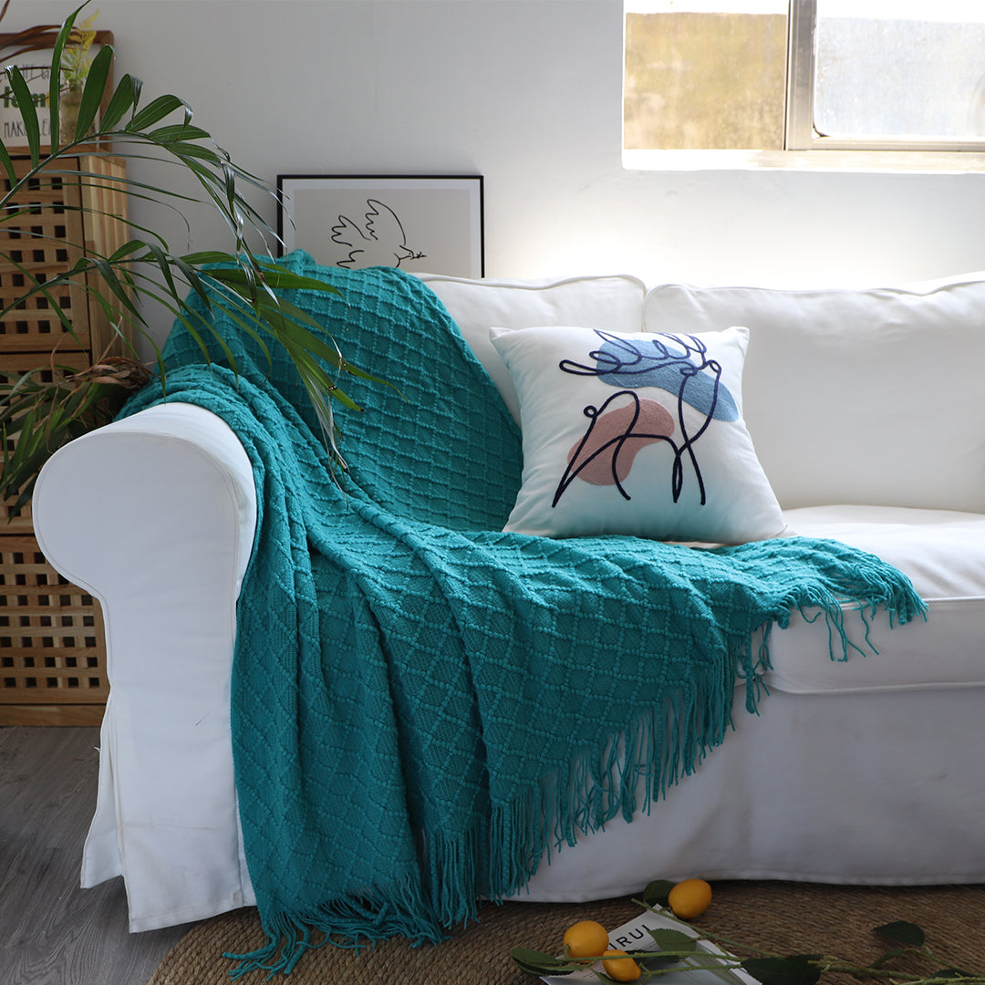 SOGA Teal Diamond Pattern Knitted Throw Blanket Warm Cozy Woven Cover Couch Bed Sofa Home Decor with Tassels - Cafe Supply