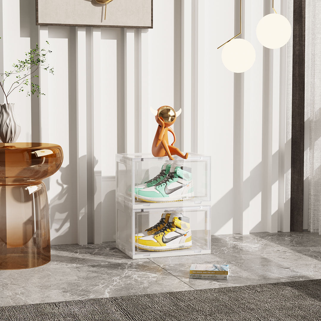 SOGA 2 Tier Transparent Portable Shoe Organiser Sneaker Footwear Folding Plastic Bin Stackable Storage Box with Magnetic Door - Cafe Supply