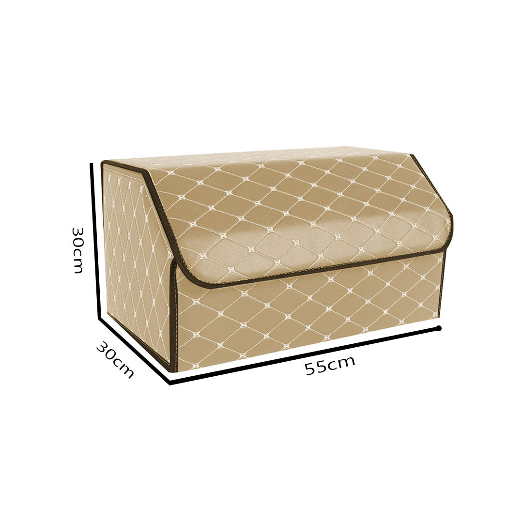 SOGA Leather Car Boot Collapsible Foldable Trunk Cargo Organizer Portable Storage Box Beige/Gold Stitch Large - Cafe Supply