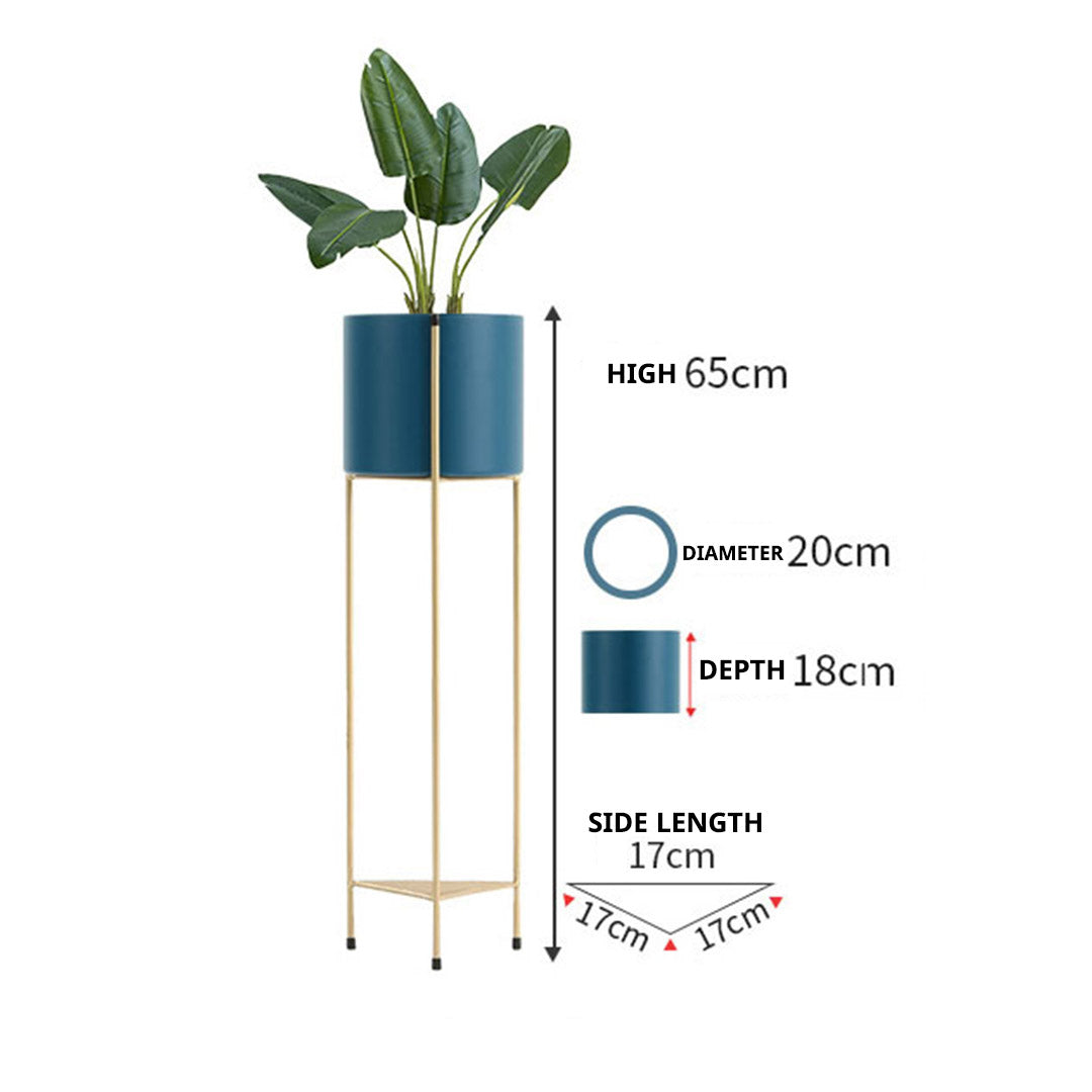 SOGA 2 Layer 65cm Gold Metal Plant Stand with Blue Flower Pot Holder Corner Shelving Rack Indoor Display - Cafe Supply