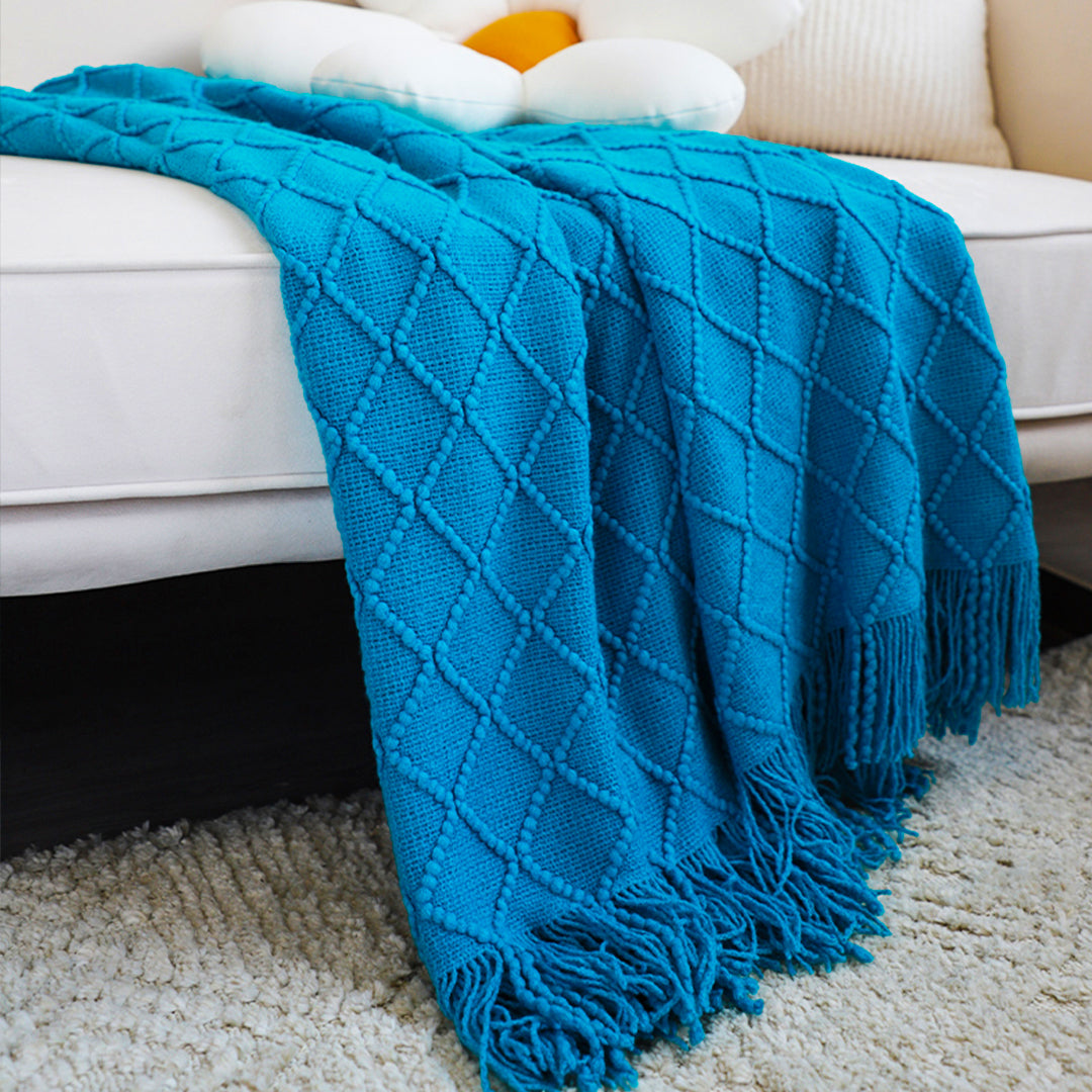 SOGA 2X Blue Diamond Pattern Knitted Throw Blanket Warm Cozy Woven Cover Couch Bed Sofa Home Decor with Tassels - Cafe Supply
