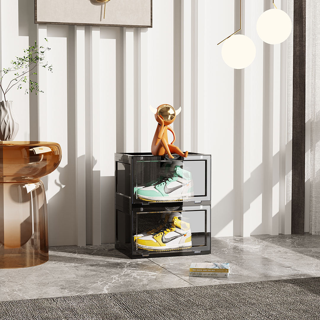 SOGA 2 Tier Black Portable Shoe Organiser Sneaker Footwear Folding Plastic Bin Stackable Storage Box with Magnetic Door - Cafe Supply