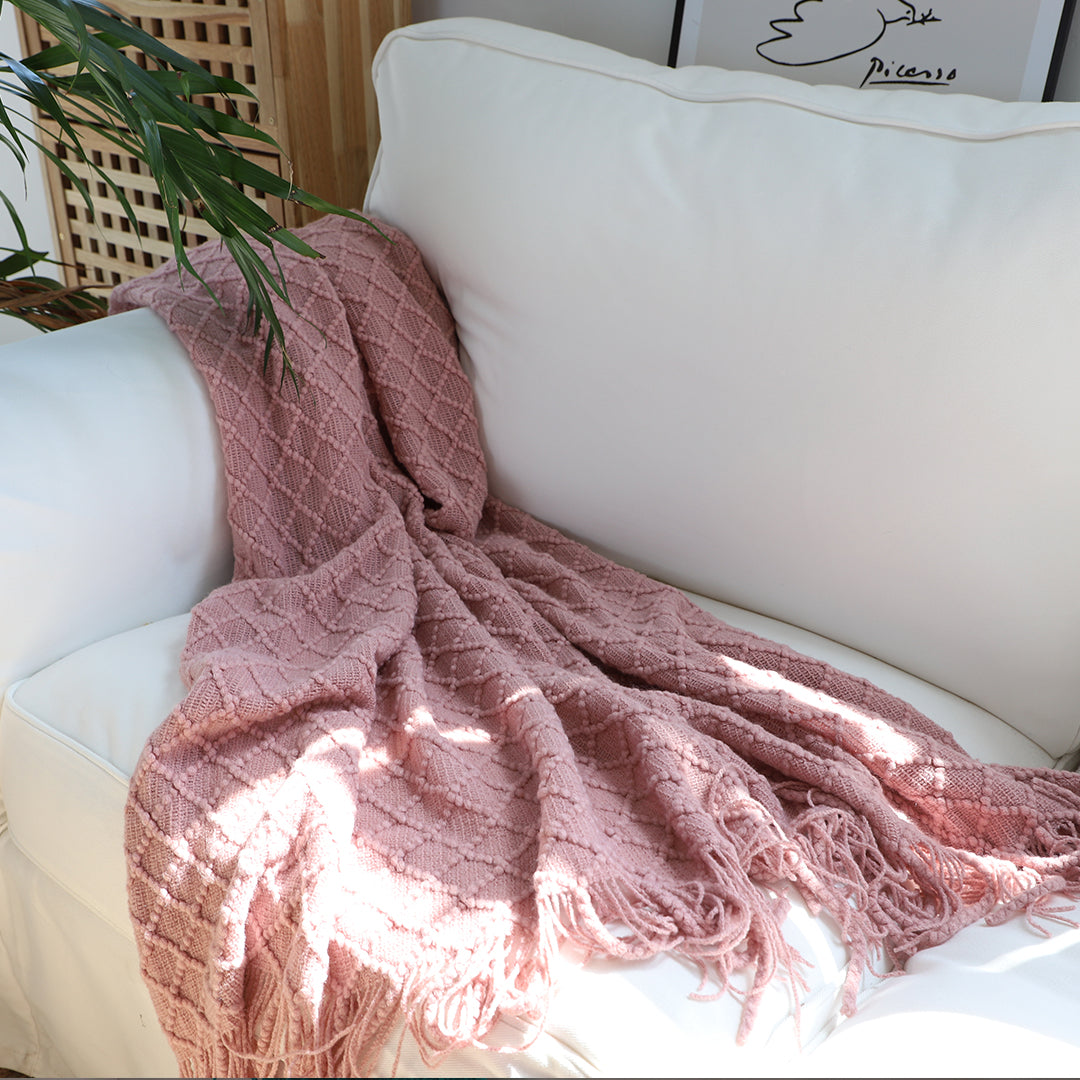 SOGA Pink Diamond Pattern Knitted Throw Blanket Warm Cozy Woven Cover Couch Bed Sofa Home Decor with Tassels - Cafe Supply