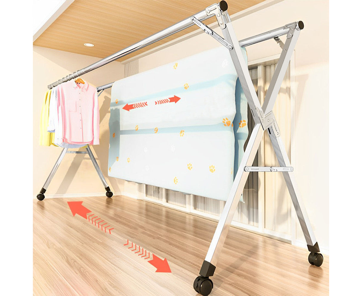 SOGA 2X 2.4m Portable Standing Clothes Drying Rack Foldable Space-Saving Laundry Holder with Wheels - Cafe Supply