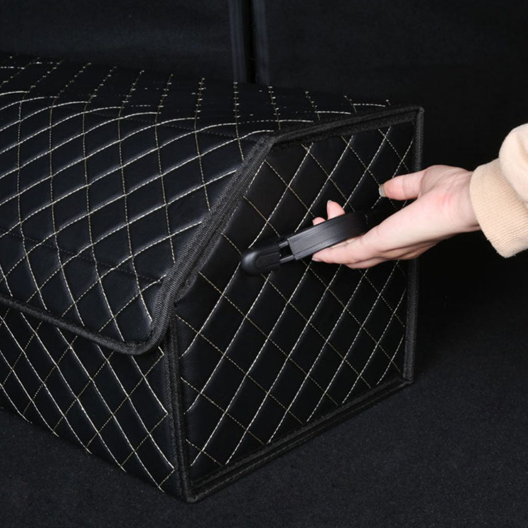 SOGA Leather Car Boot Collapsible Foldable Trunk Cargo Organizer Portable Storage Box Black/White Stitch with Lock Small - Cafe Supply