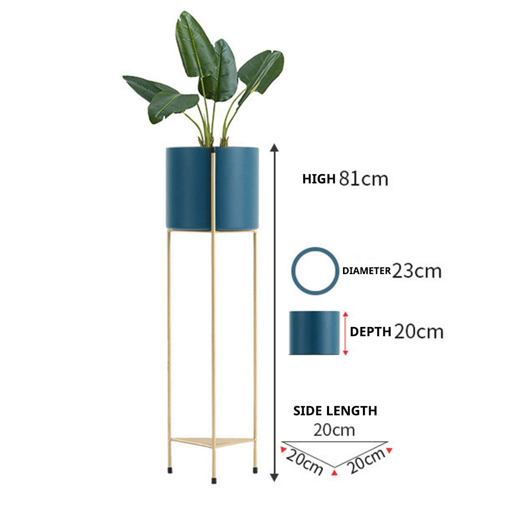 SOGA 2 Layer 81cm Gold Metal Plant Stand with Blue Flower Pot Holder Corner Shelving Rack Indoor Display - Cafe Supply