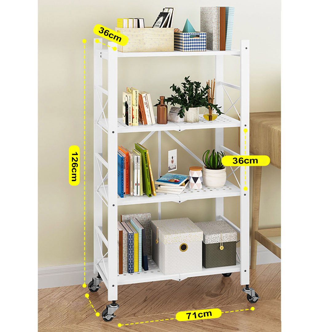 SOGA 2X 4 Tier Steel White Foldable Display Stand Multi-Functional Shelves Portable Storage Organizer with Wheels - Cafe Supply