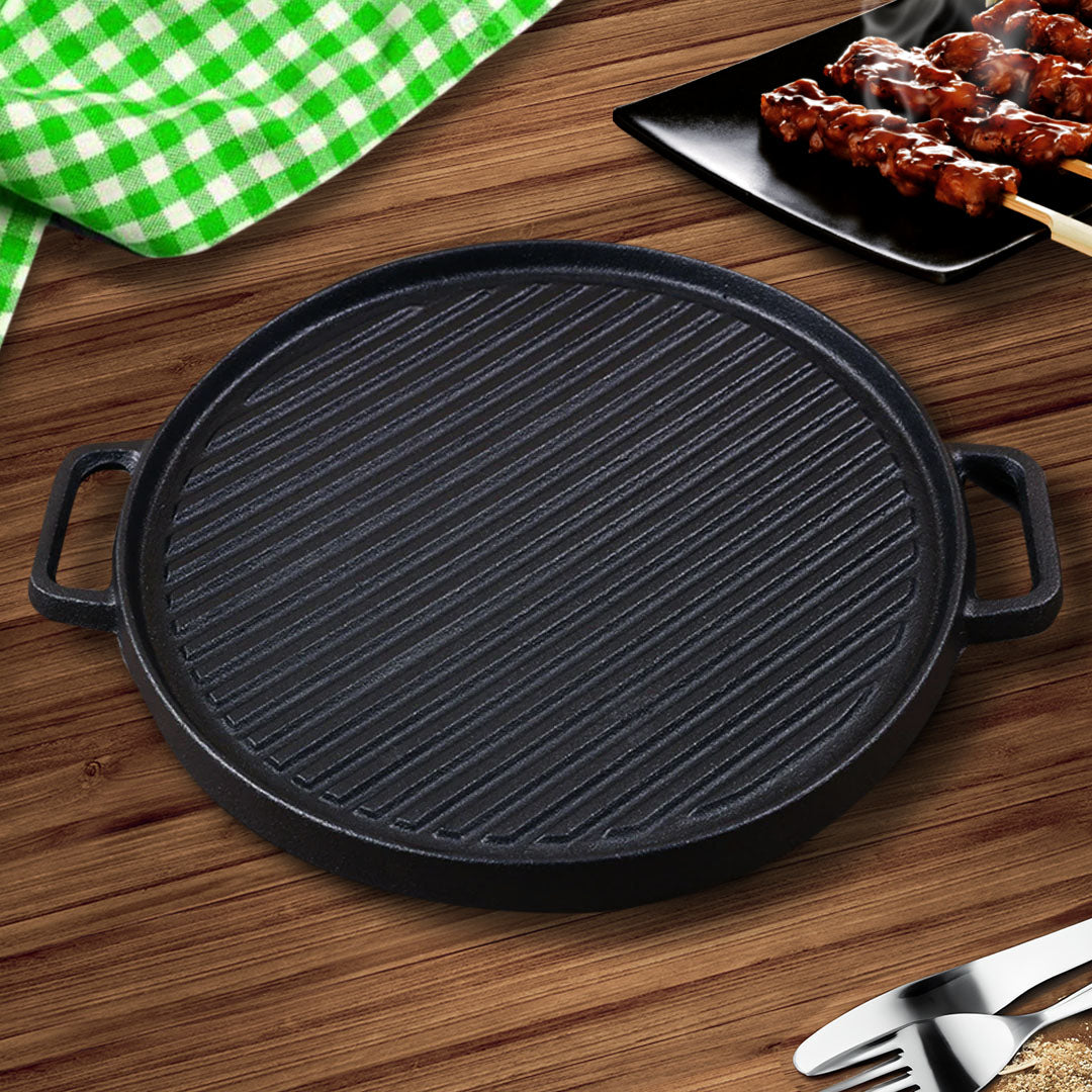 SOGA 2X 30cm Round Cast Iron Ribbed BBQ Pan Skillet Steak Sizzle Platter with Handle - Cafe Supply