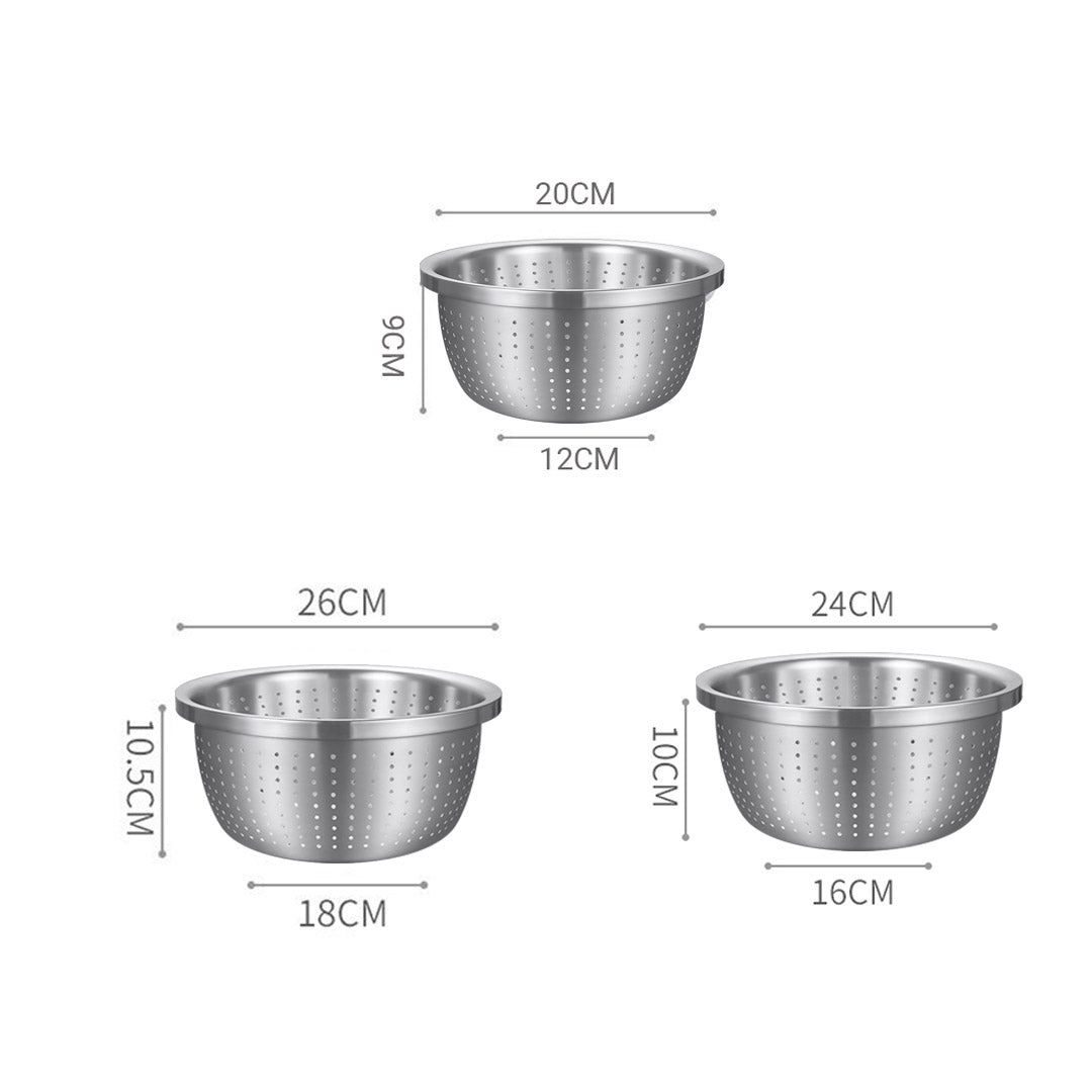 SOGA Stainless Steel Nesting Basin Colander Perforated Kitchen Sink Washing Bowl Metal Basket Strainer Set of 3 - Cafe Supply