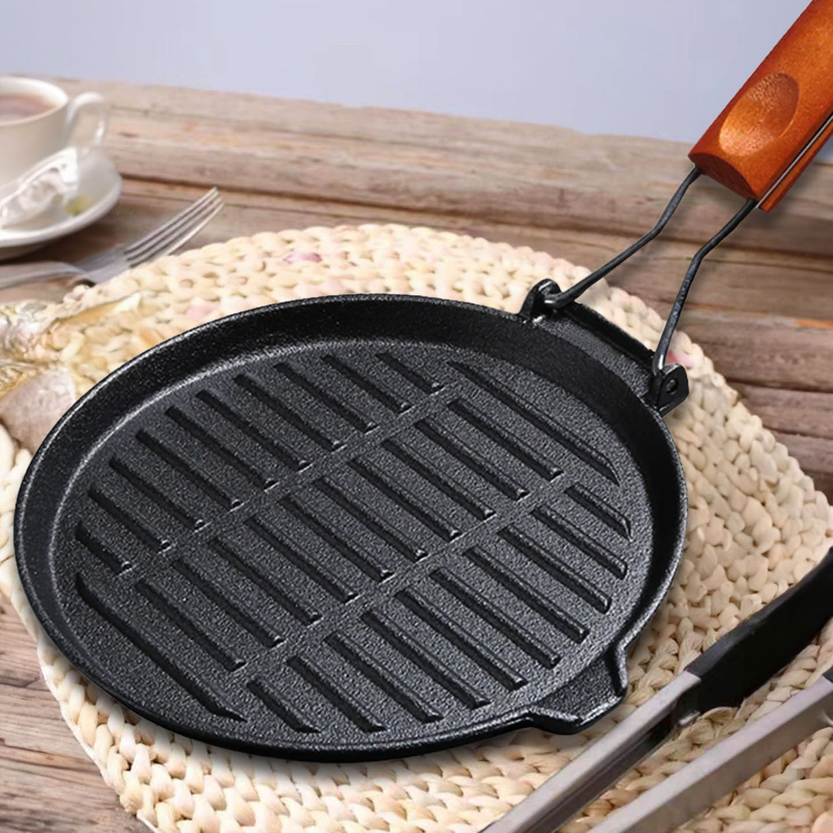 SOGA 2X 24cm Round Ribbed Cast Iron Steak Frying Grill Skillet Pan with Folding Wooden Handle - Cafe Supply