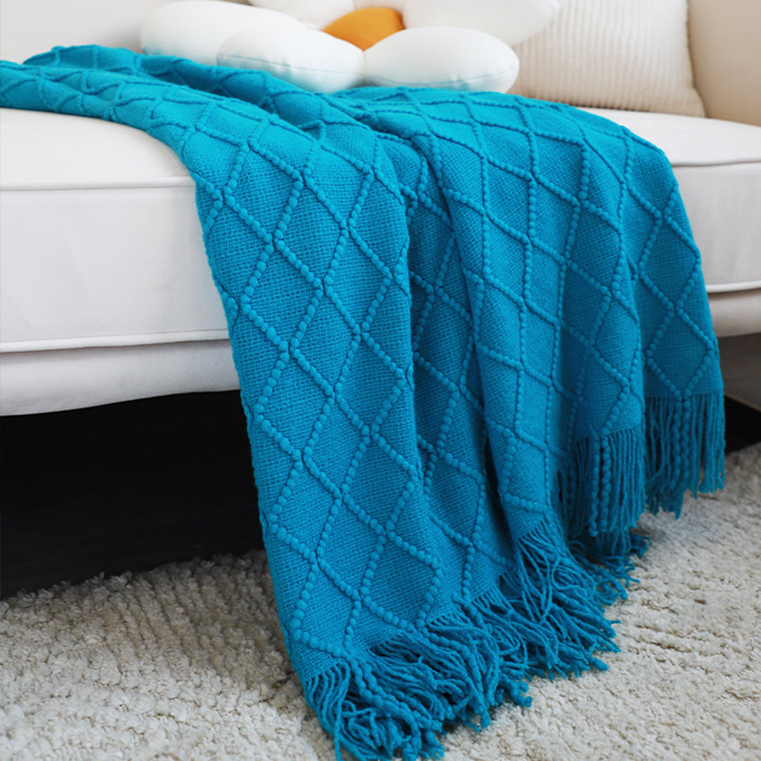 SOGA Blue Diamond Pattern Knitted Throw Blanket Warm Cozy Woven Cover Couch Bed Sofa Home Decor with Tassels - Cafe Supply
