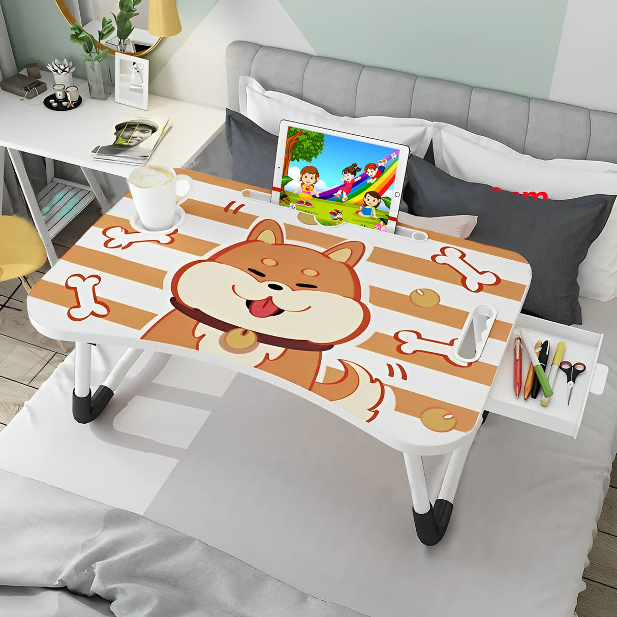 SOGA 2X Cute Dog Design Portable Bed Table Adjustable Foldable Bed Sofa Study Table Laptop Mini Desk with Drawer and Cup Slot Home Decor - Cafe Supply