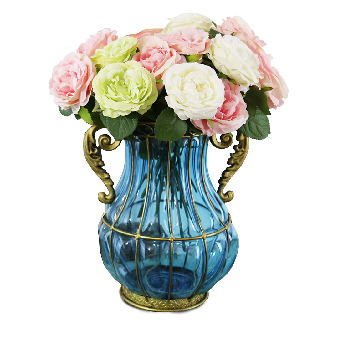 SOGA Blue Colored European Glass Home Decor Flower Vase with Two Metal Handle - Cafe Supply