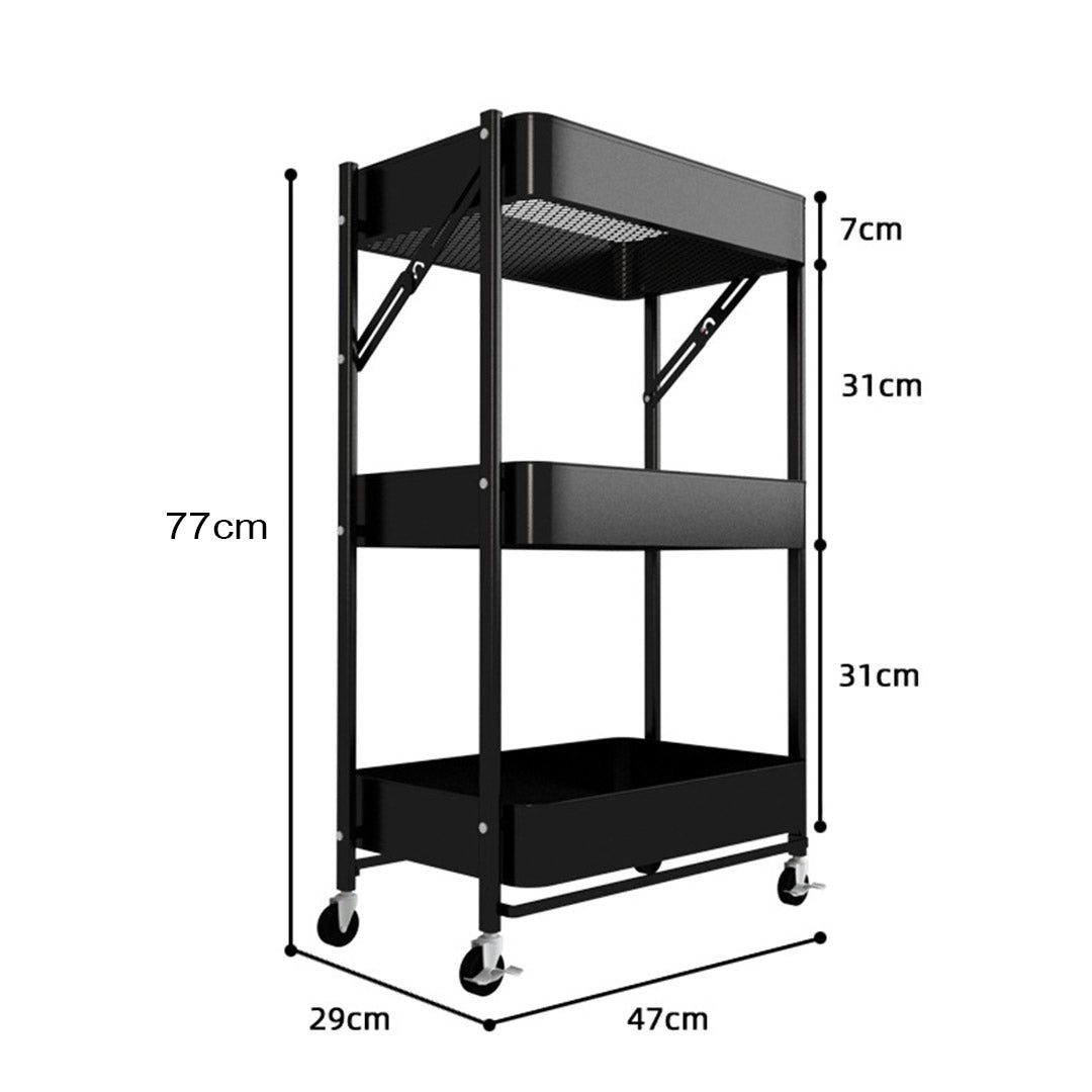 SOGA 2X 3 Tier Steel Black Foldable Kitchen Cart Multi-Functional Shelves Portable Storage Organizer with Wheels - Cafe Supply