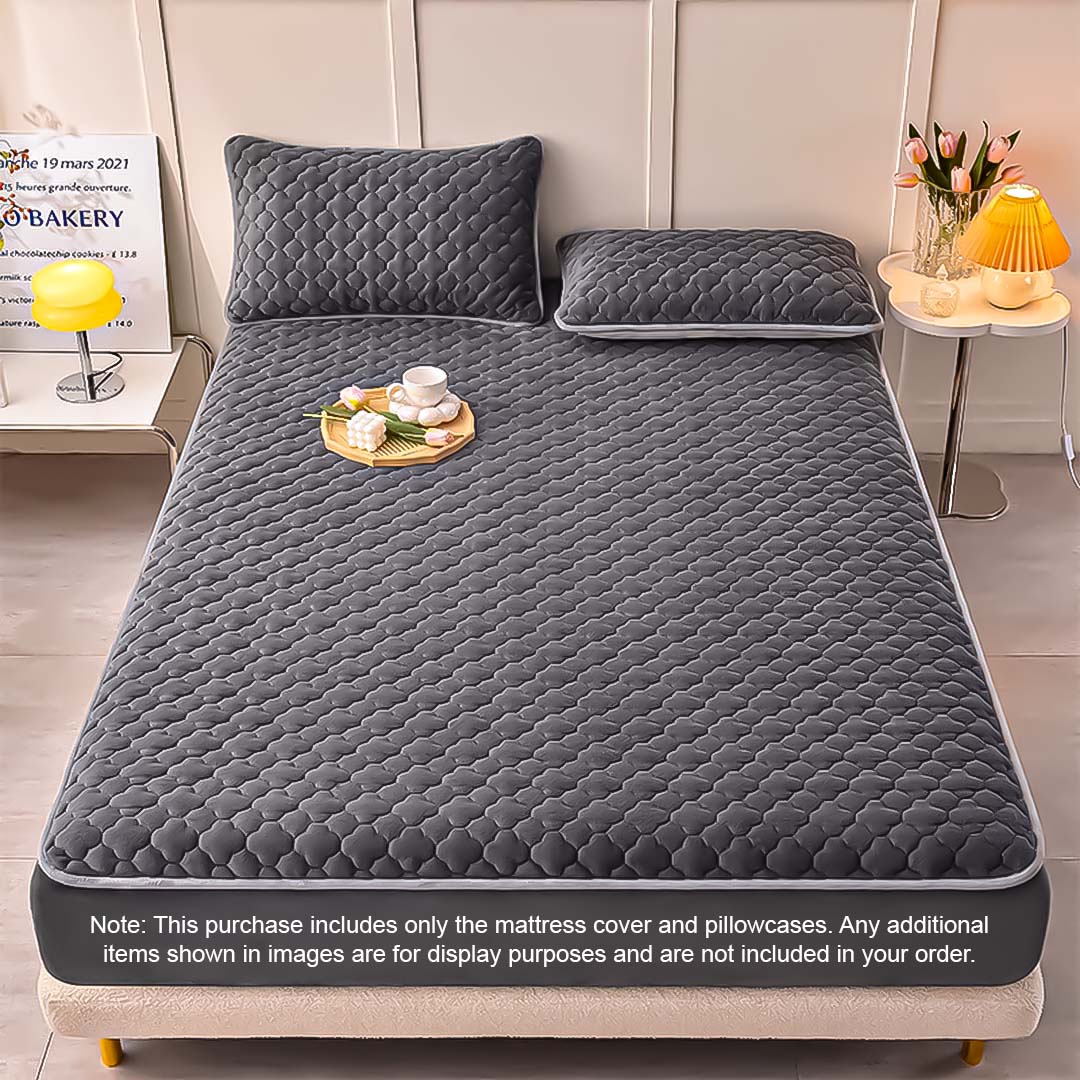 SOGA 2X Grey 138cm Wide Mattress Cover Thick Quilted Fleece Stretchable Clover Design Bed Spread Sheet Protector with Pillow Covers - Cafe Supply