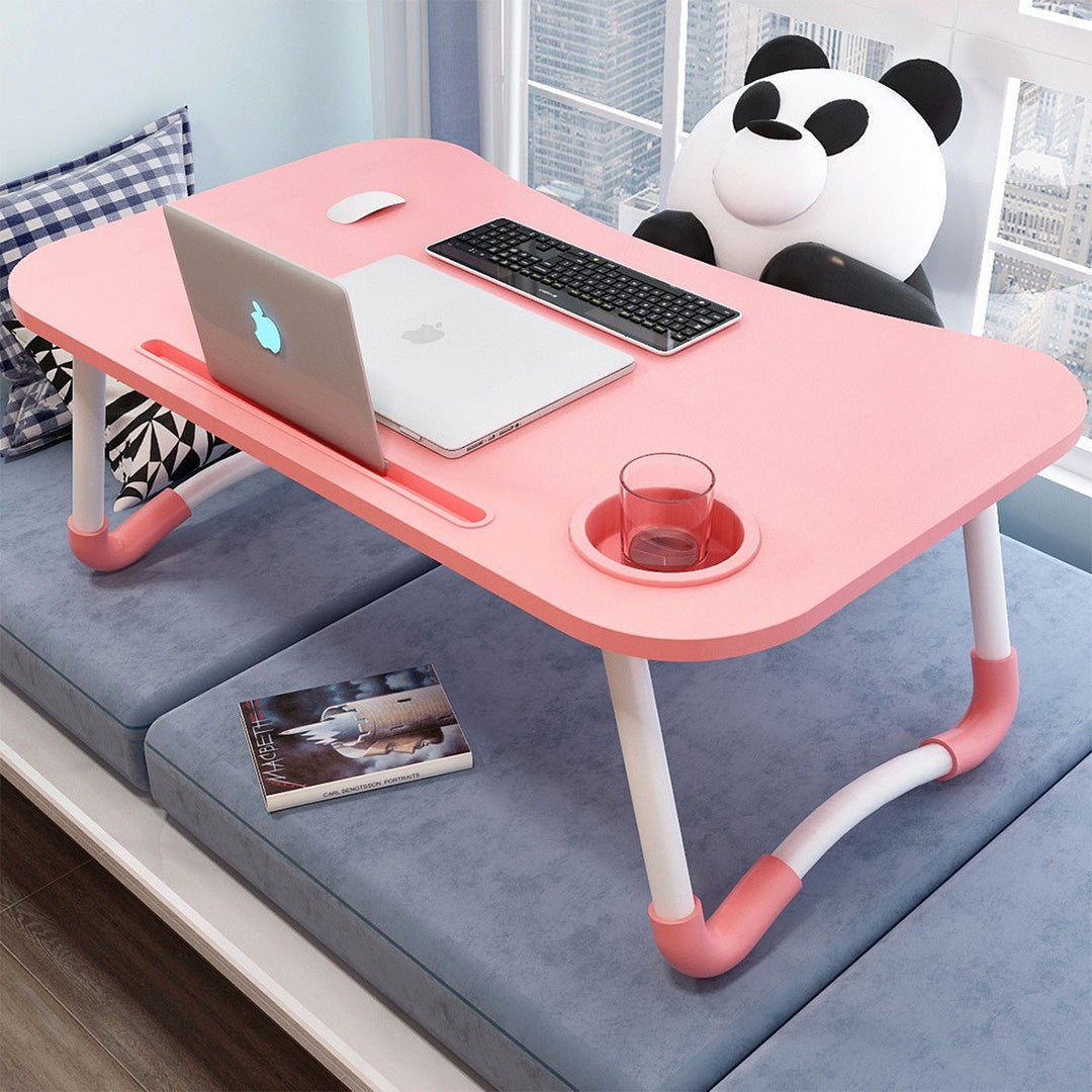 SOGA 2X Pink Portable Bed Table Adjustable Folding Mini Desk Notebook Stand Card Slot Holder with Cup-Holder Home Decor - Cafe Supply