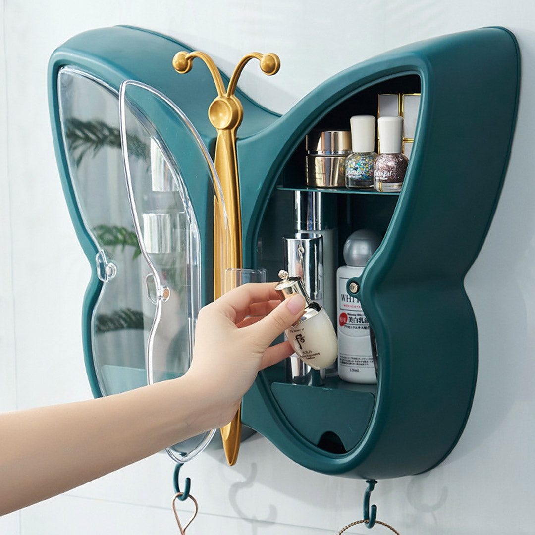 SOGA Green Butterfly Shape Wall-Mounted Makeup Organiser Dustproof Waterproof Bathroom Storage Box Home Decor - Cafe Supply