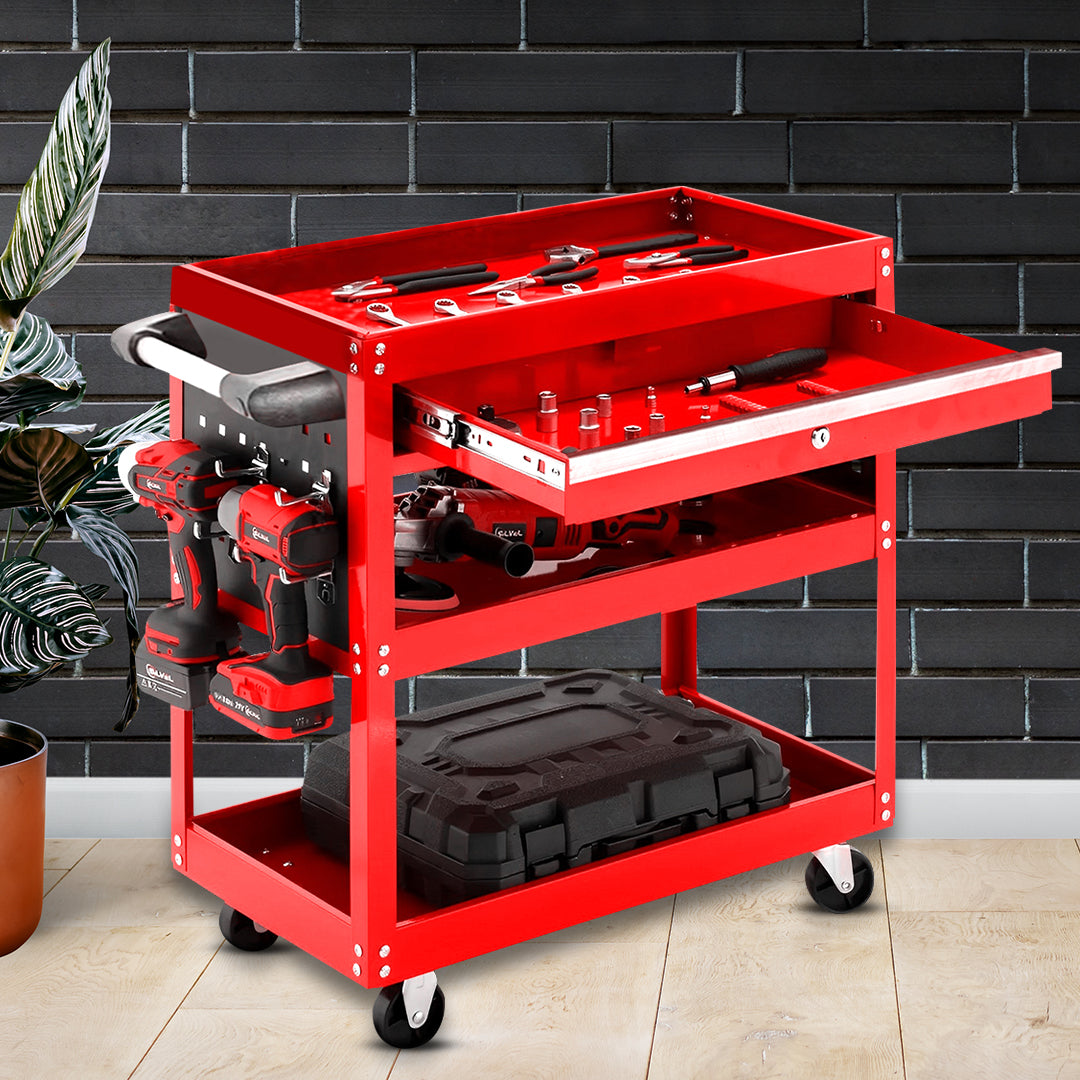SOGA 3 Tier Tool Storage Cart Portable Service Utility Heavy Duty Mobile Trolley with Drawer and Hooks Red - Cafe Supply