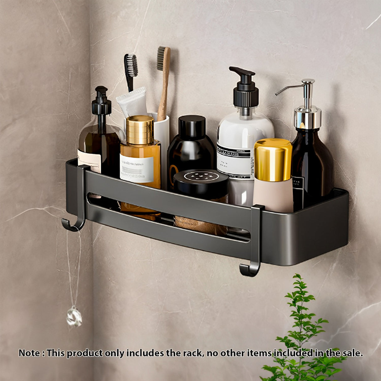 SOGA Black Wall-Mounted Rectangular Bathroom Storage Organiser Space Saving Adhesive Shelf Rack with Hooks - Cafe Supply