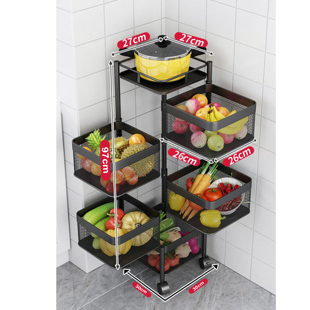SOGA 5 Tier Steel Square Rotating Kitchen Cart Multi-Functional Shelves Portable Storage Organizer with Wheels - Cafe Supply