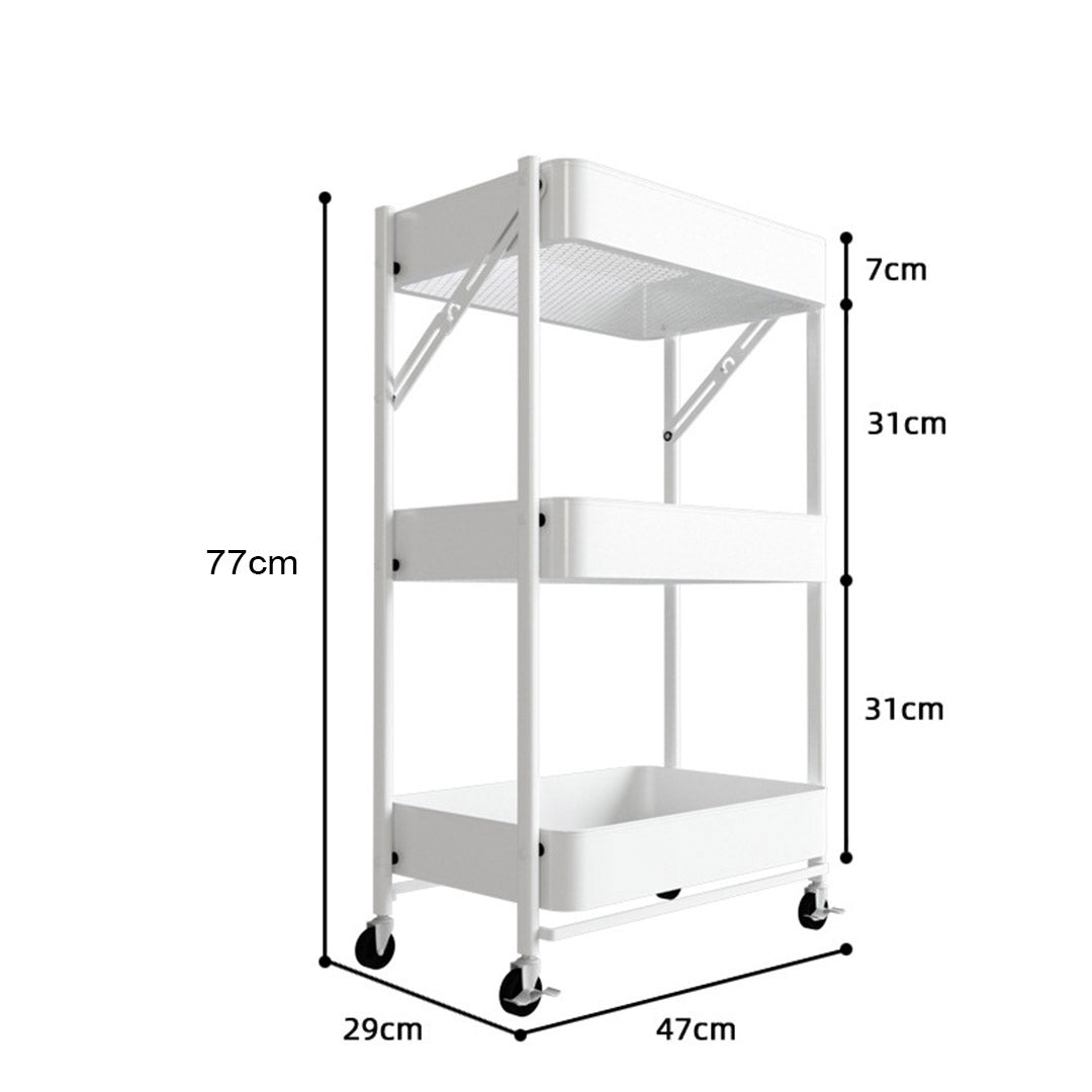 SOGA 3 Tier Steel White Foldable Kitchen Cart Multi-Functional Shelves Portable Storage Organizer with Wheels - Cafe Supply
