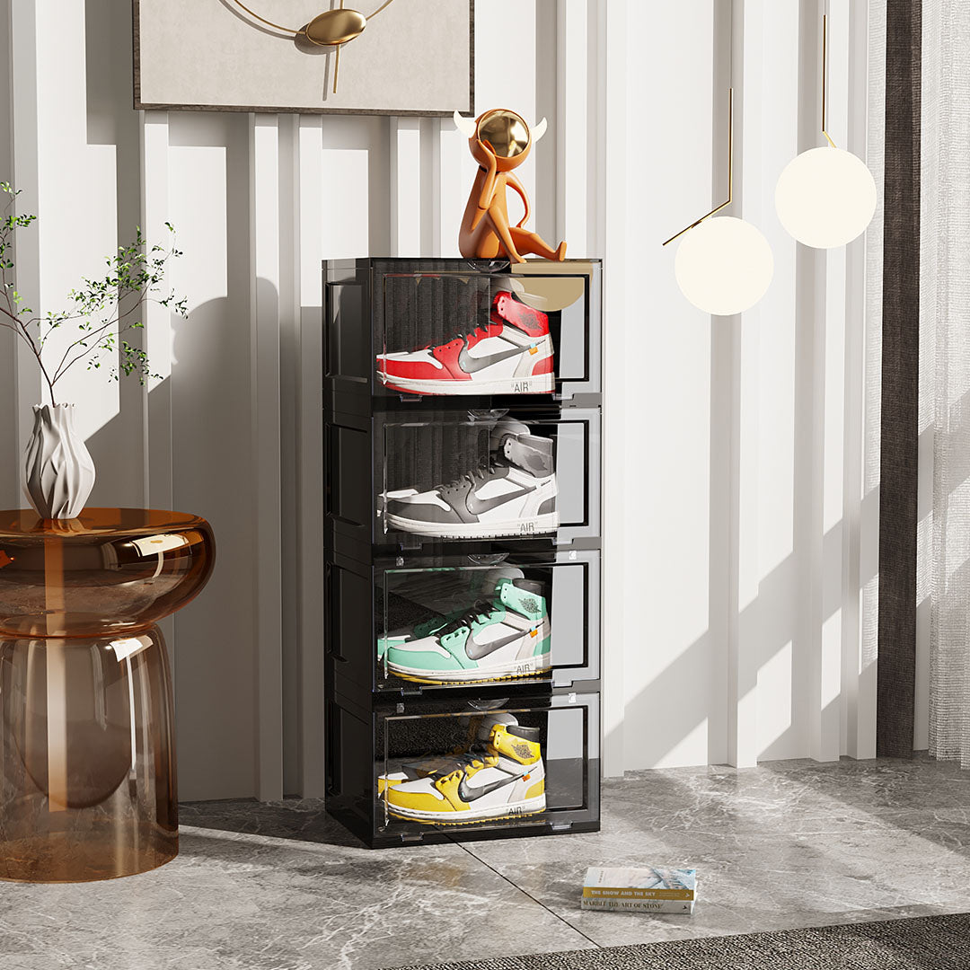 SOGA 2X 4 Tier Black Portable Shoe Organiser Sneaker Footwear Folding Plastic Bin Stackable Storage Box with Magnetic Door - Cafe Supply