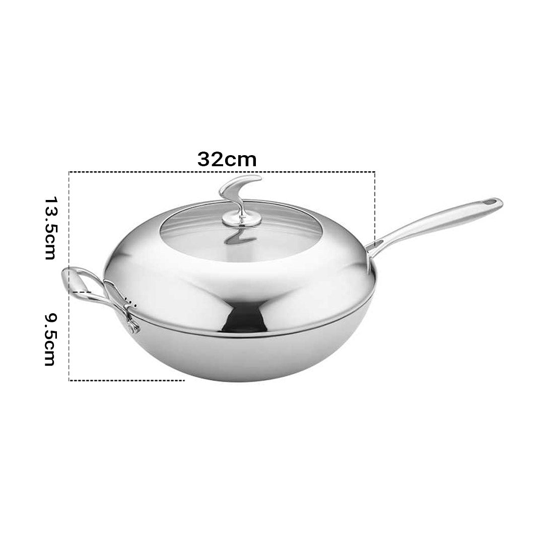 SOGA 18/10 Stainless Steel Fry Pan 32cm Frying Pan Top Grade Non Stick Interior Skillet with Helper Handle and Lid - Cafe Supply