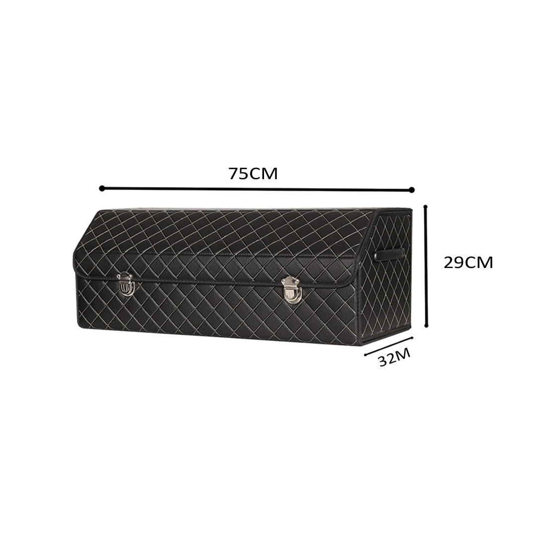 SOGA Leather Car Boot Collapsible Foldable Trunk Cargo Organizer Portable Storage Box Black/White Stitch with Lock Large - Cafe Supply