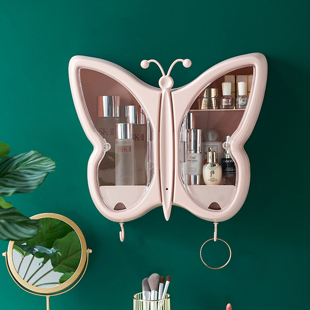 SOGA 2X Pink Butterfly Shape Wall-Mounted Makeup Organiser Dustproof Waterproof Bathroom Storage Box Home Decor - Cafe Supply