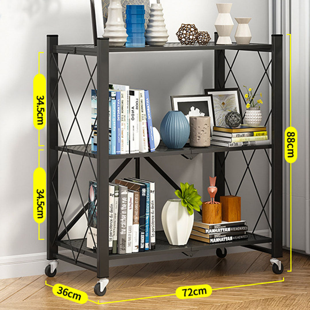 SOGA 2X 3 Tier Steel Black Foldable Kitchen Cart Multi-Functional Shelves Portable Storage Organizer with Wheels - Cafe Supply