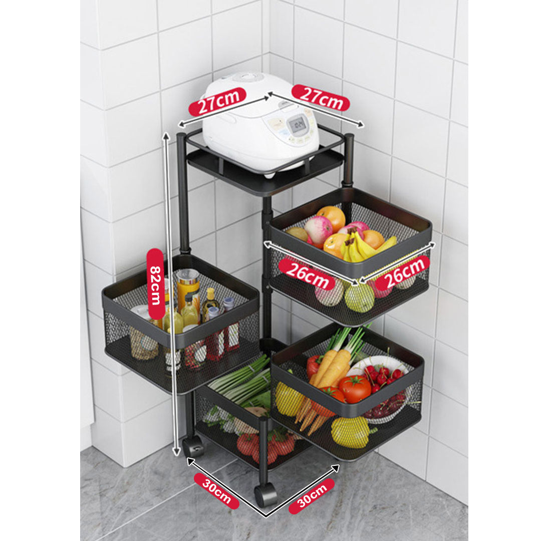 SOGA 4 Tier Steel Square Rotating Kitchen Cart Multi-Functional Shelves Portable Storage Organizer with Wheels - Cafe Supply