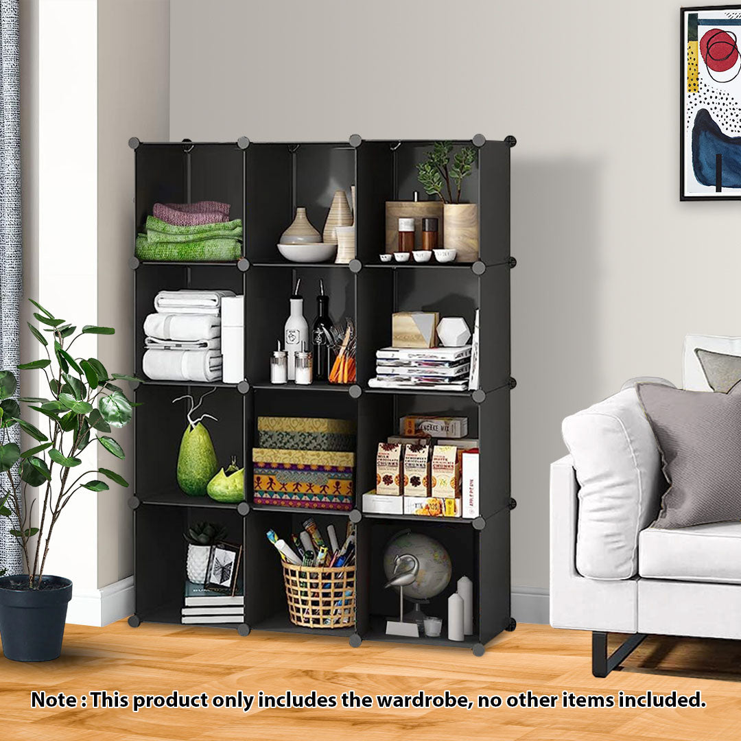 SOGA 4 Tier 12-Cube Black Portable Wardrobe Divide-Grid Modular Storage Organiser Foldable Closet - Cafe Supply