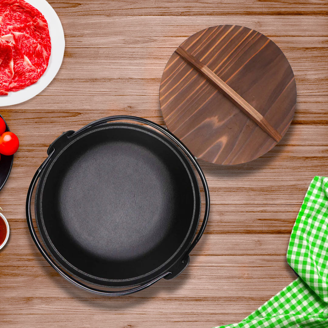 SOGA 2X 29cm Cast Iron Japanese Style Sukiyaki Tetsu Nabe Shabu Hot Pot with Wooden Lid - Cafe Supply