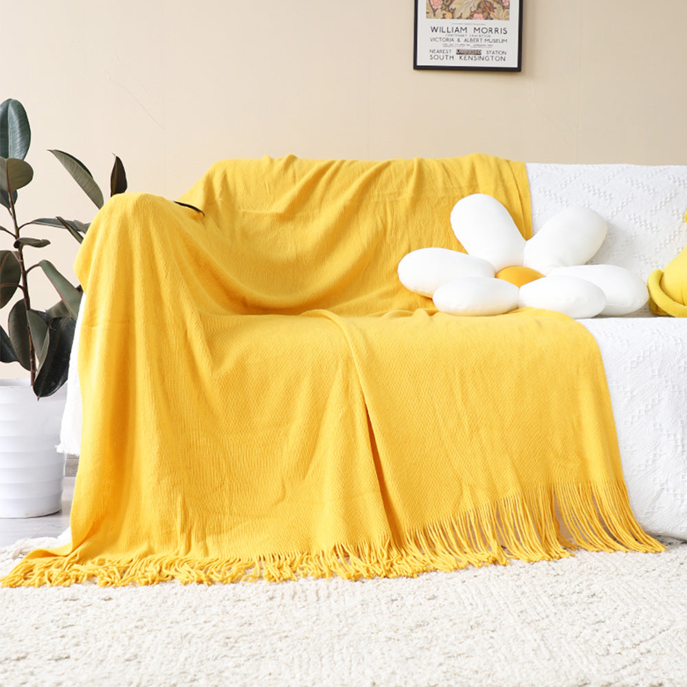 SOGA Yellow Acrylic Knitted Throw Blanket Solid Fringed Warm Cozy Woven Cover Couch Bed Sofa Home Decor - Cafe Supply