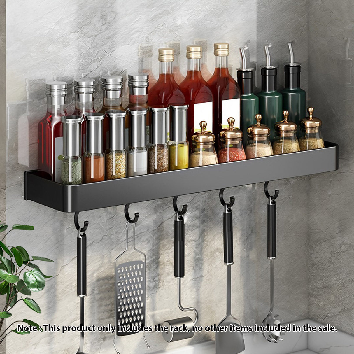 SOGA 2X 42cm Black Wall-Mounted Rectangular Kitchen Spice Storage Organiser Space Saving Condiments Shelf Rack with Hooks - Cafe Supply