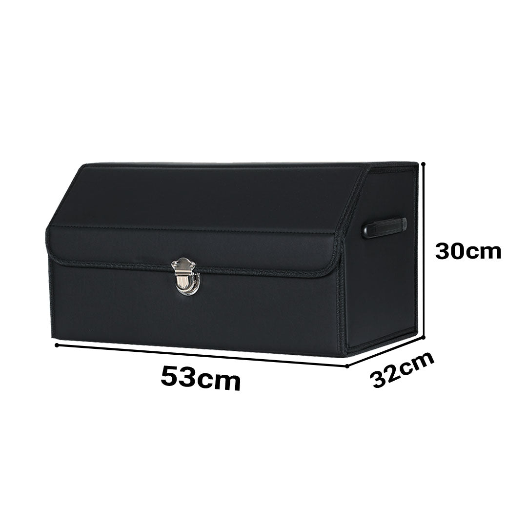 SOGA Leather Car Boot Collapsible Foldable Trunk Cargo Organizer Portable Storage Box With Lock Black Medium - Cafe Supply