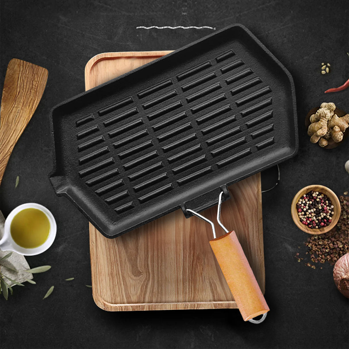 SOGA 2X Rectangular Cast Iron Griddle Grill Frying Pan with Folding Wooden Handle - Cafe Supply