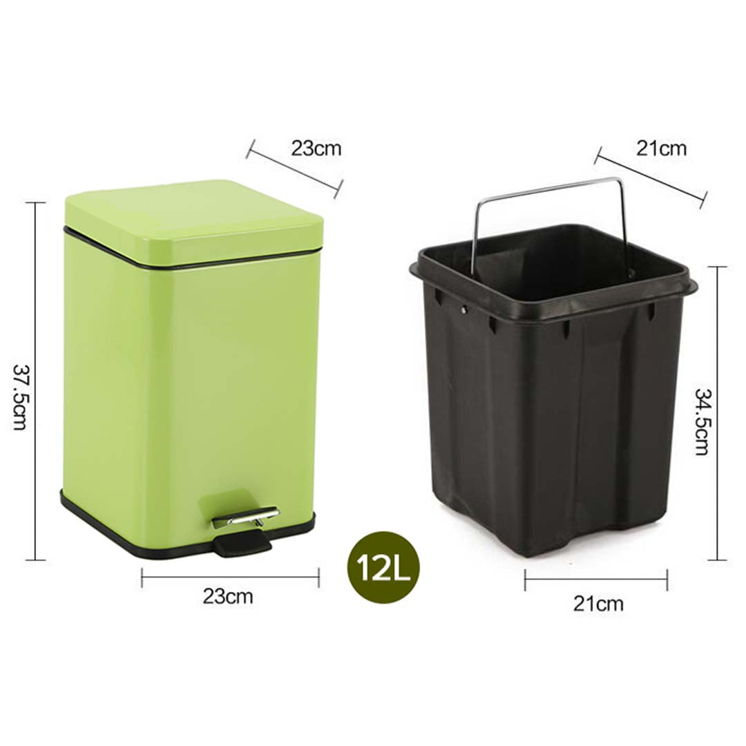 SOGA Foot Pedal Stainless Steel Rubbish Recycling Garbage Waste Trash Bin Square 12L Green - Cafe Supply